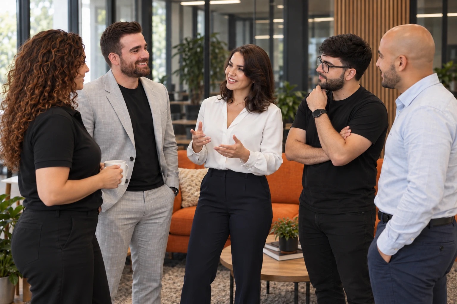 RG Agency team talking with a client in the office