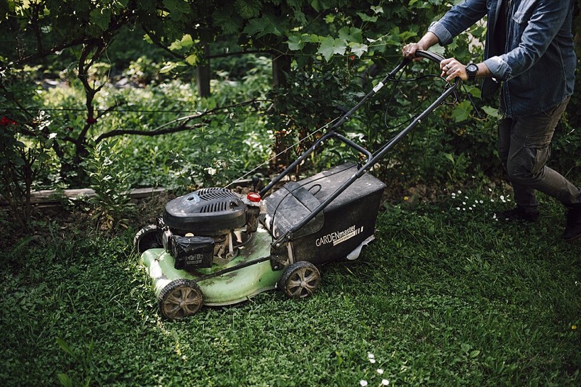Lawn mower on a green lawn