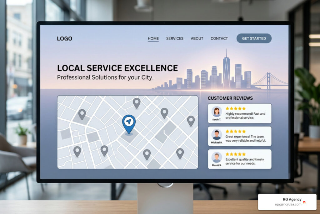 Wireframe layout of an optimized city landing page with local proof